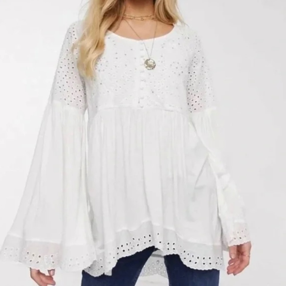 Free People White Lace Boho Top Bell Sleeves Sequins M